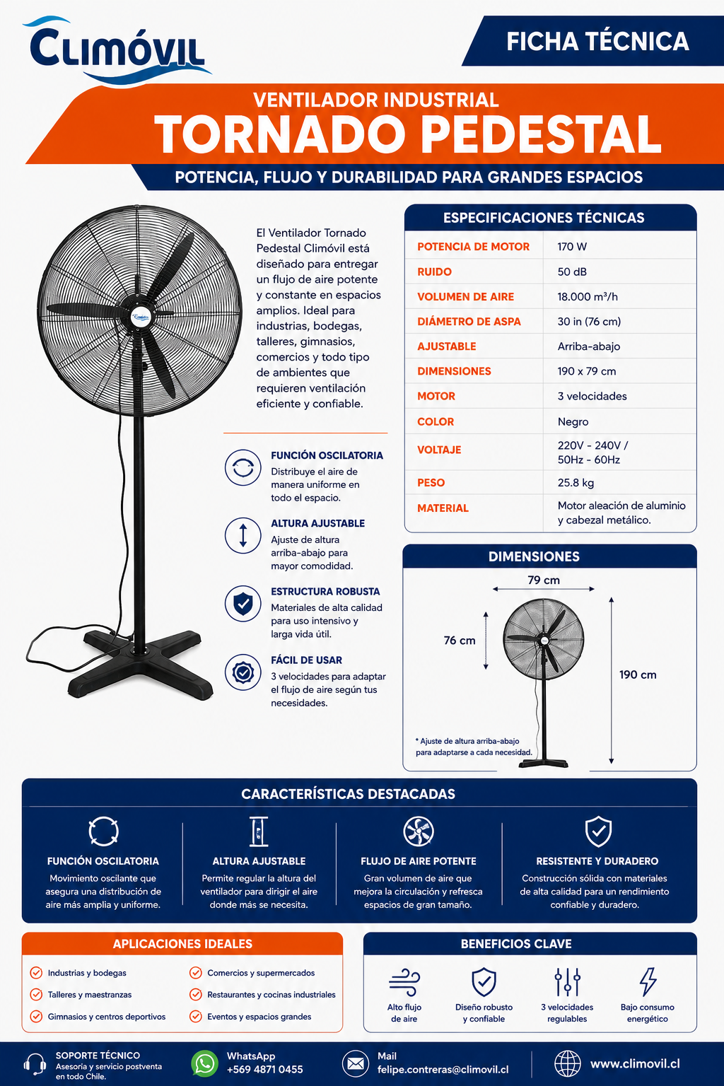 Ventilador de Pie, Modelo Tornado de 30 pulgadas.