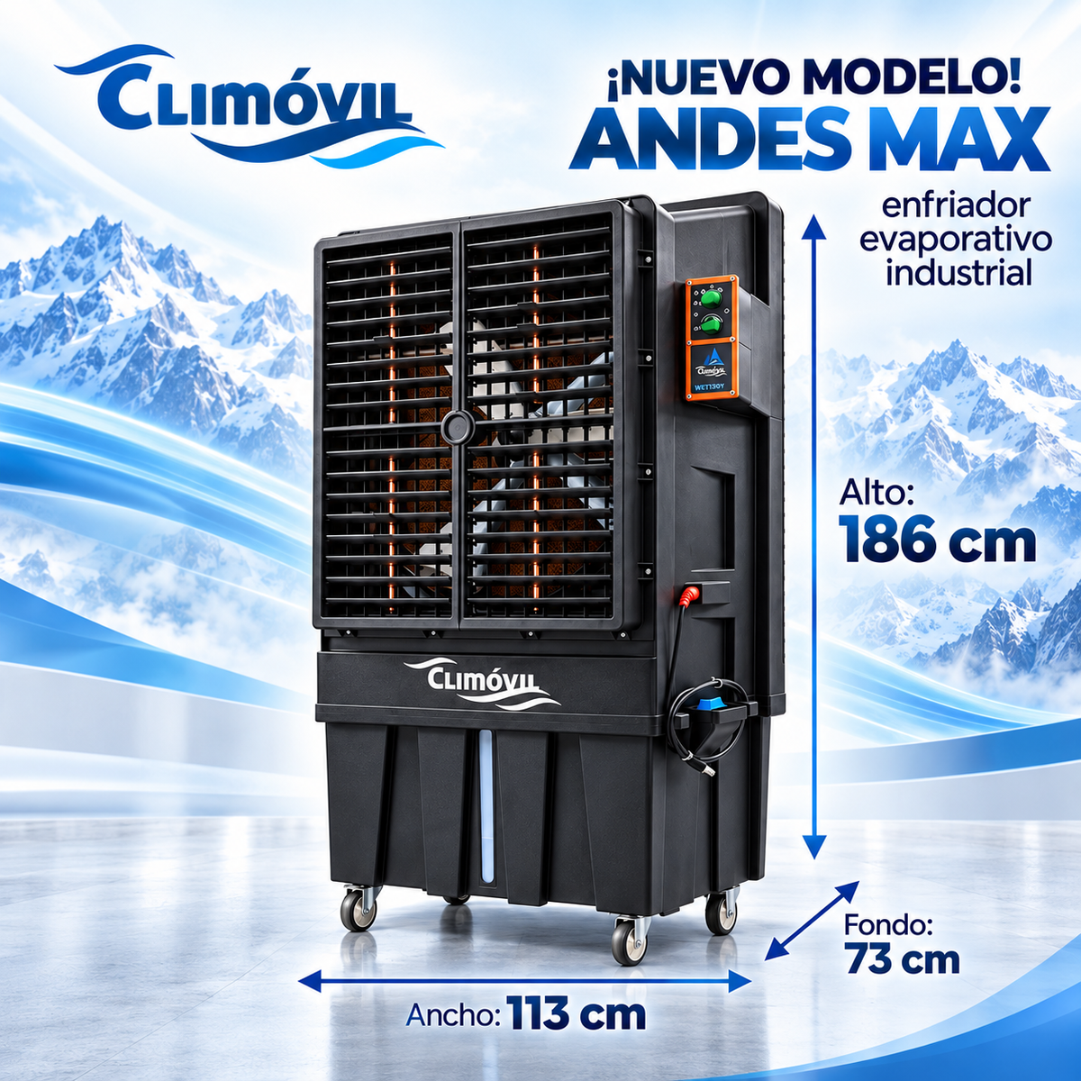 ANDES MAX Enfriador Evaporativo Industrial 22.000 m3/h - Estanque de 200 Lts.