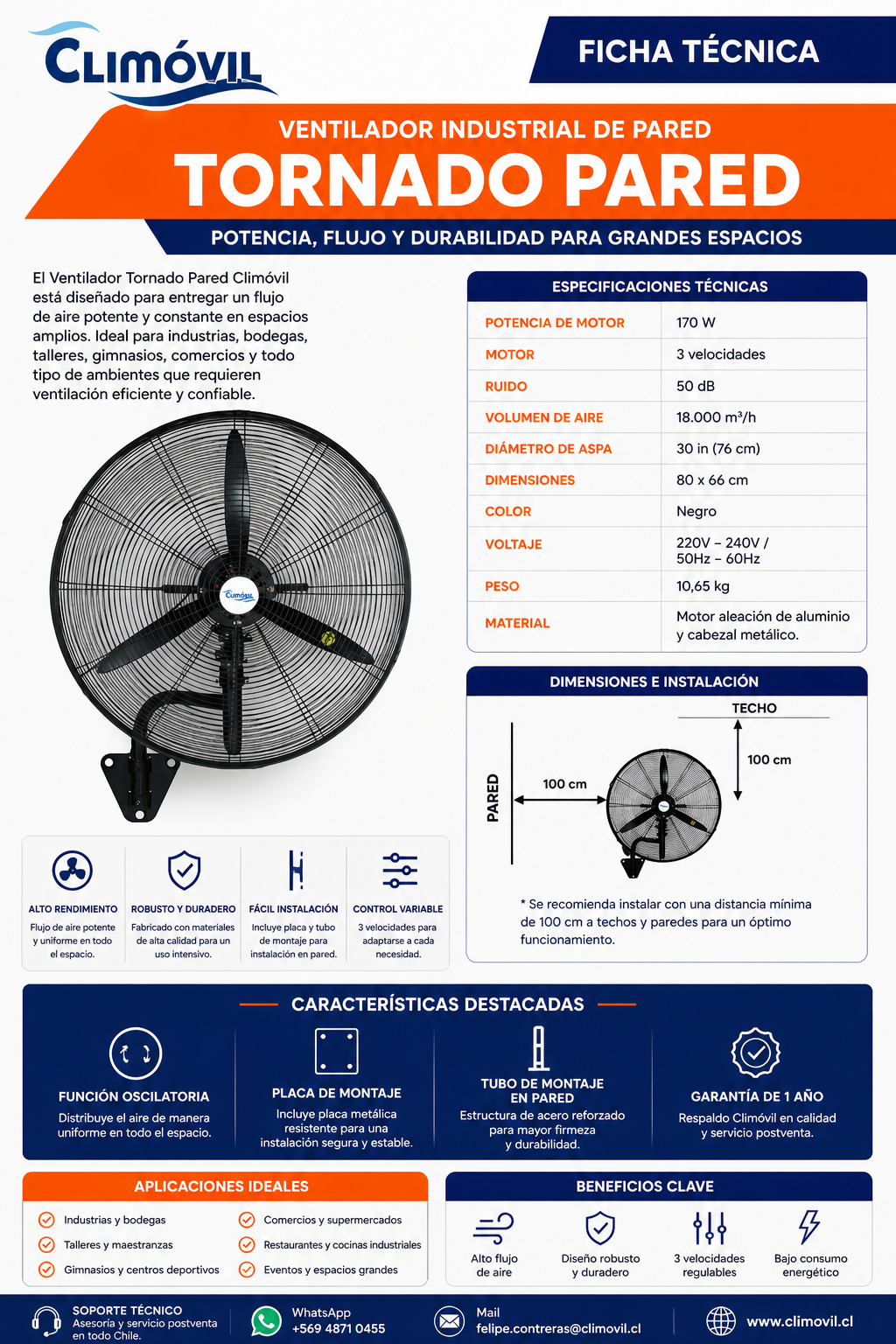 Ventilador de Pared, Modelo Tornado de 30 pulgadas