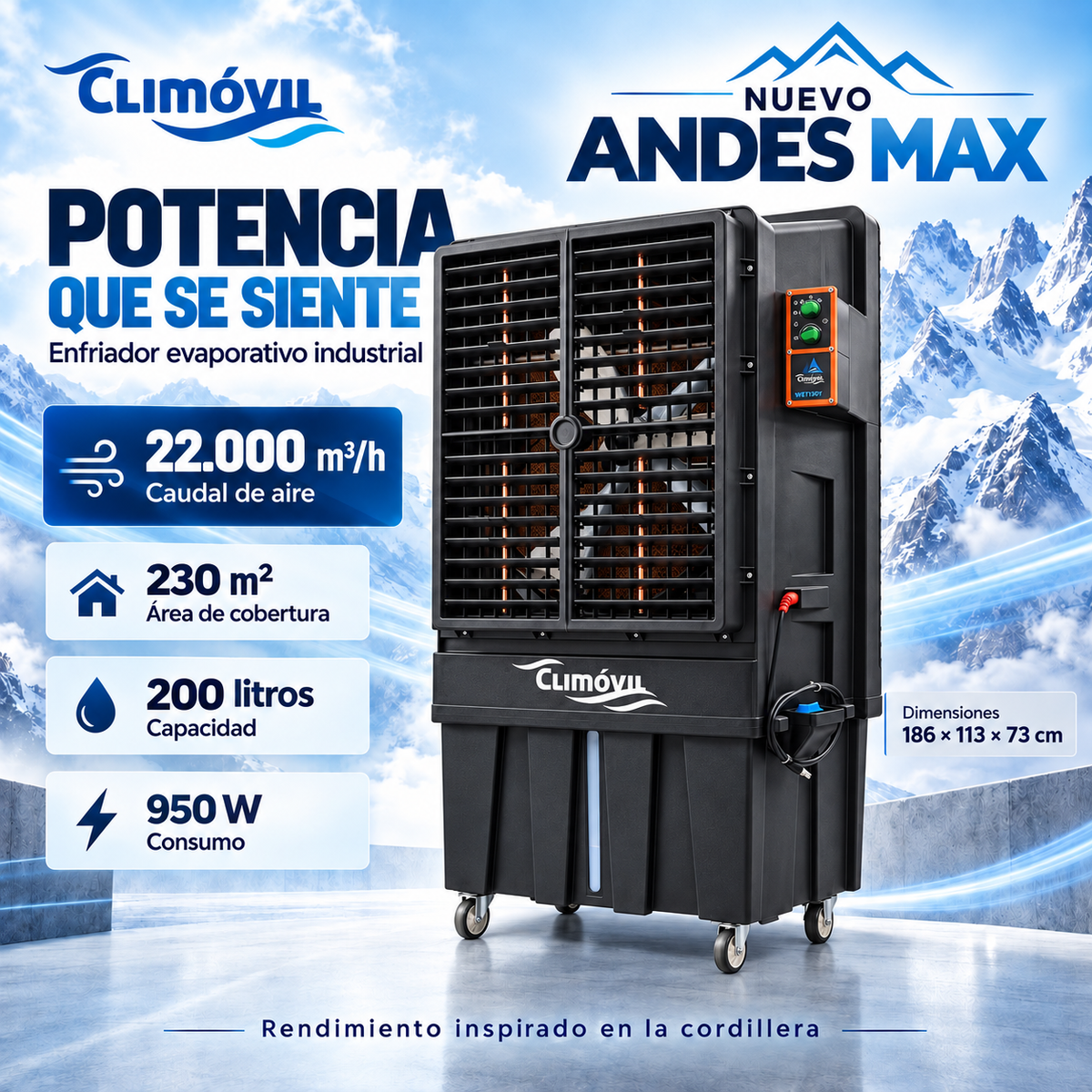 ANDES MAX   Enfriador Evaporativo Industrial 22.000 m3/h - Estanque de 200 Lts.