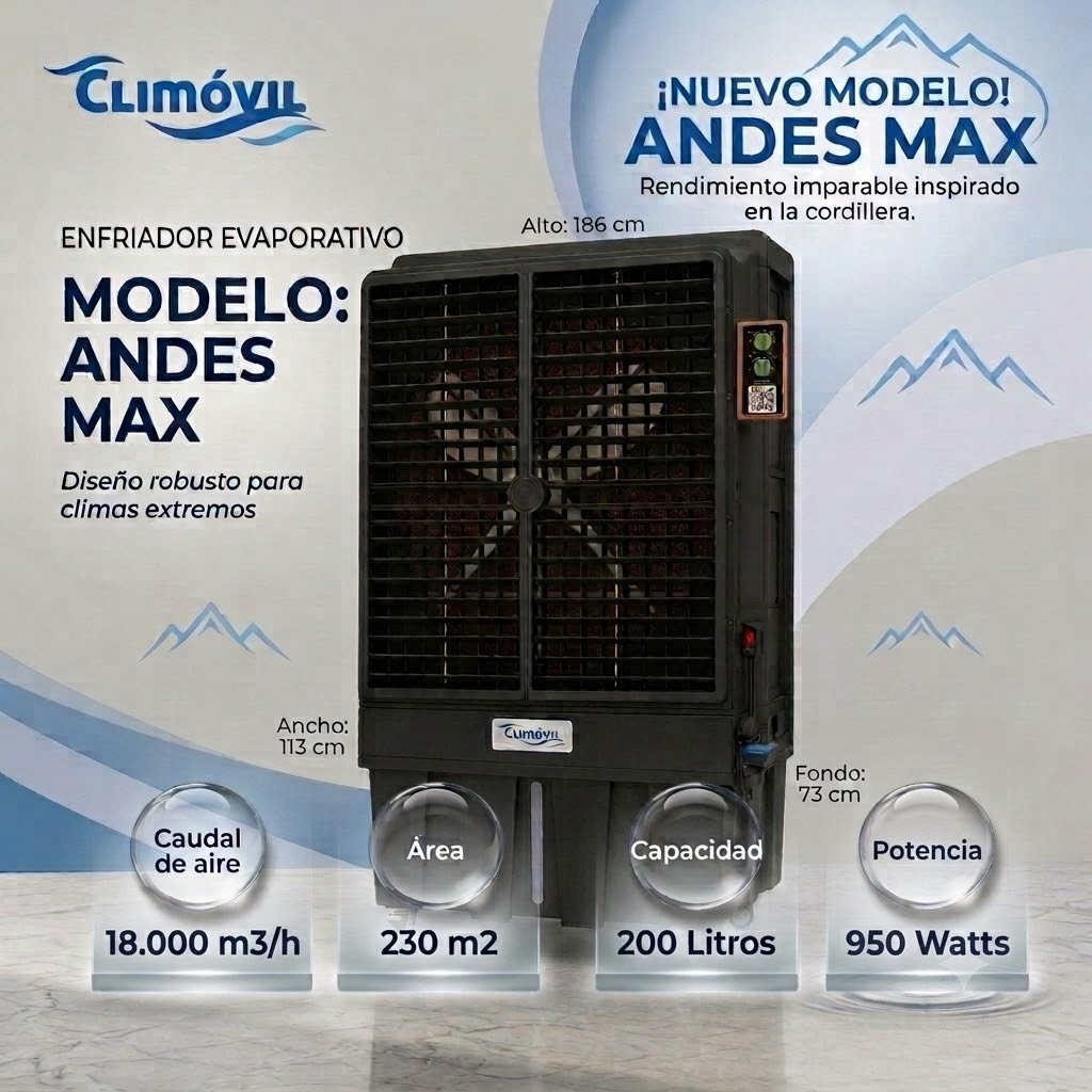 ANDES MAX   Enfriador Evaporativo Industrial 18.000 m3/h - Estanque de 200 Lts.